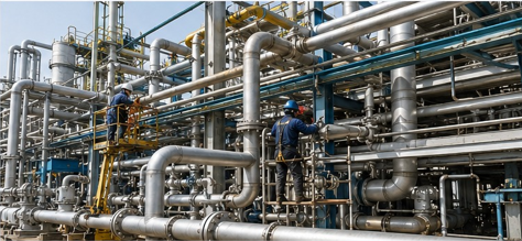 Almadina Project engineers installing process piping on site
